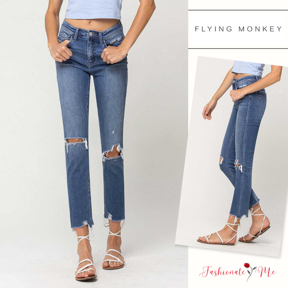 Flying Monkey Denim - Flying Monkey Holly High Rise Distressed Hem Ankle Slim Straight Jeans